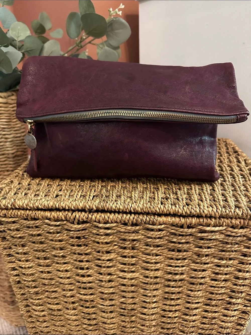 Clare Vivier Leather Fold-Over plum Burgundy zipper clutch purse
